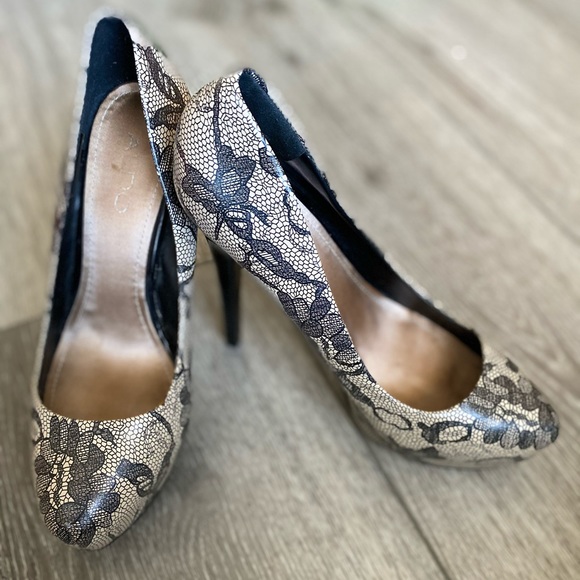 Aldo Shoes - ALDO Beige Black Faux Lace Print Pumps